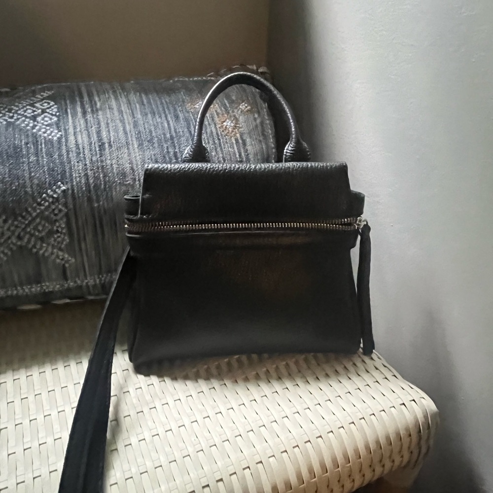 Black leather designer Maria Castilli Baby Bryant mini crossbody bag